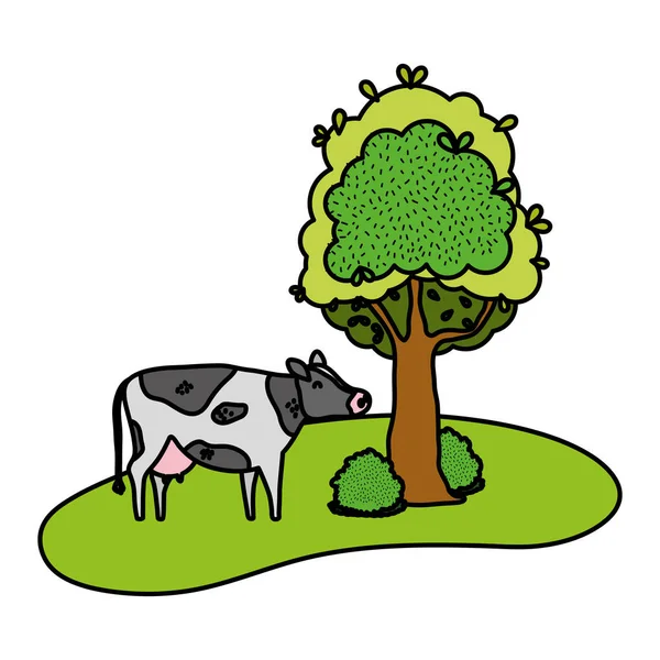 Цвет Красивых Коров Фермерских Животных Рядом Векторной Иллюстрацией Деревьев — стоковый вектор