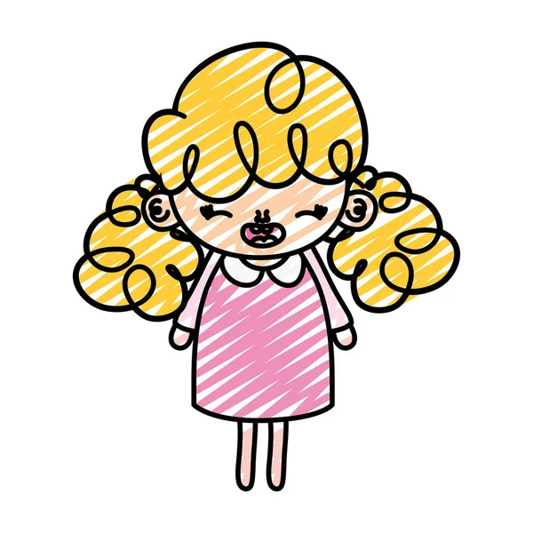 Doodle Menina Feliz Criança Com Penteado Encaracolado Vetor Ilustração — Vetor de Stock