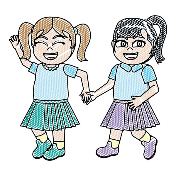 Doodle Boldog Lányok Meg Diákok Kezében Együtt Vektoros Illusztráció — Stock Vector