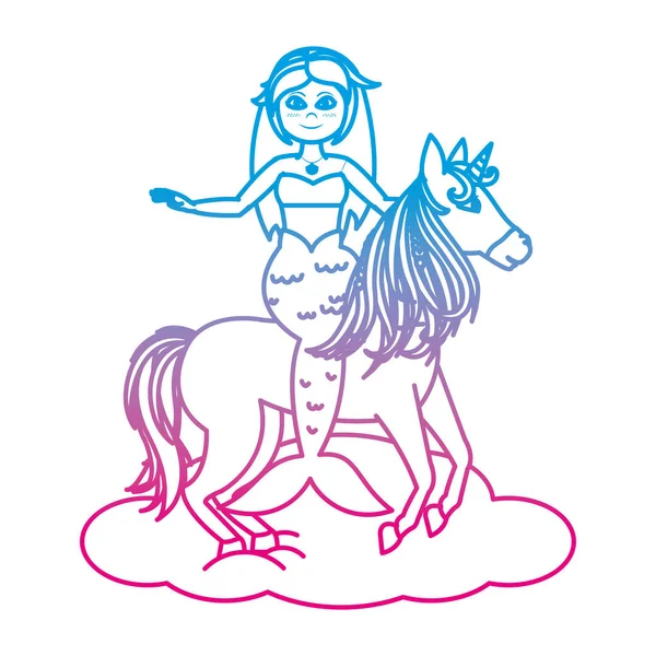 Mujer Sirena Línea Degradada Montando Unicornio Ilustración Vector Nube — Archivo Imágenes Vectoriales