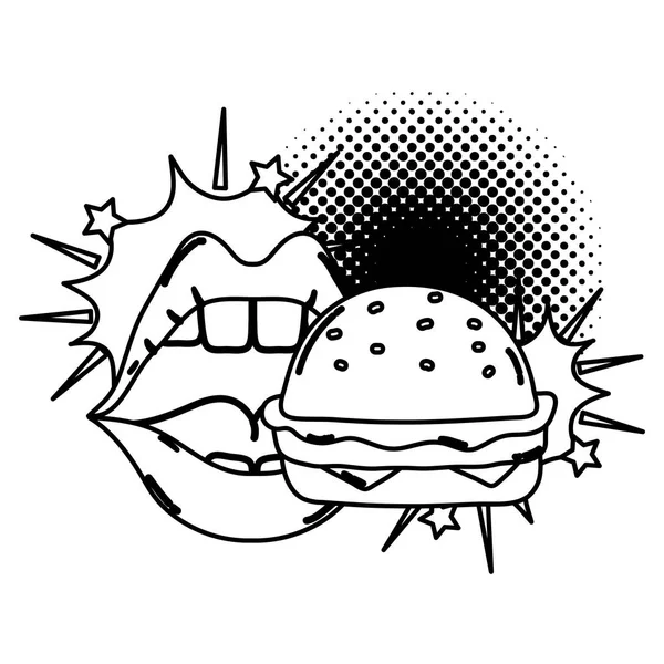 Lijn Vrouw Mond Eten Hamburger Fastfood Vectorillustratie — Stockvector