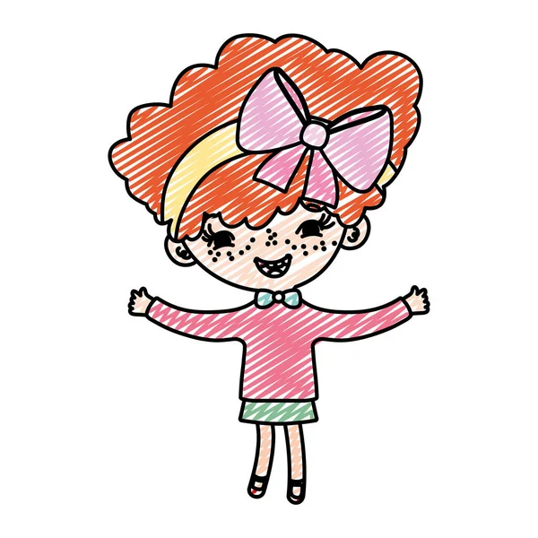 Doodle Παιδί Ευτυχισμένη Κοπέλα Κοντά Μαλλιά Εικονογράφηση Διάνυσμα — Διανυσματικό Αρχείο