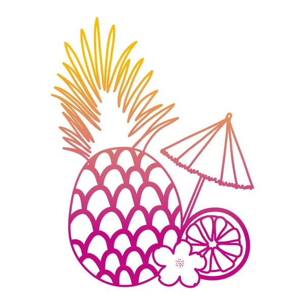 Försämrade Linje Exotisk Ananas Och Citron Med Öppen Paraply Vektorillustration — Stock vektor