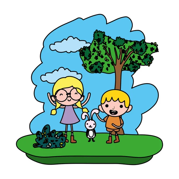 Farbe Kinder Spielen Mit Niedlichen Kaninchen Wald Vektor Illustration — Stockvektor