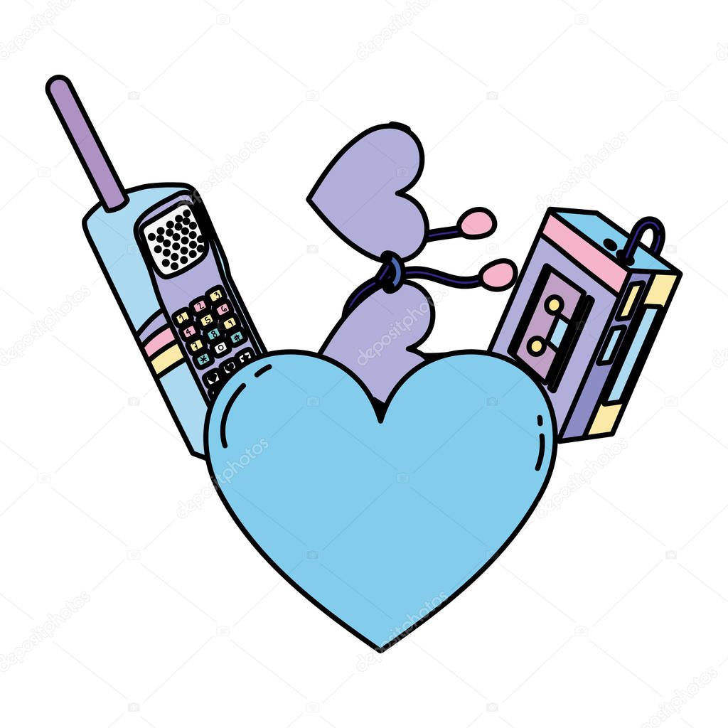 color heart with walkman music player and telephone vector illustration