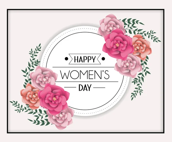 Pegatina Círculo Celebración Del Día Mujer Con Rosas Vector Ilustración — Vector de stock