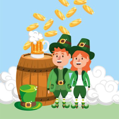 Happy st patrick adam ve kadın ile namlu vektör çizim içinde paralar
