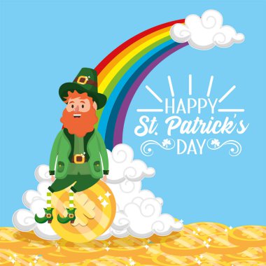 St patrick adam rainbow ile ve altın sikkeler illüstrasyon vektör