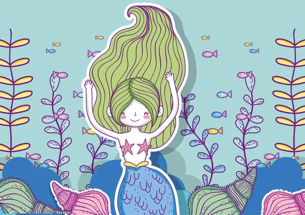 Mořská Panna Žena Ryby Větve Listy Vektorové Ilustrace — Stockový vektor