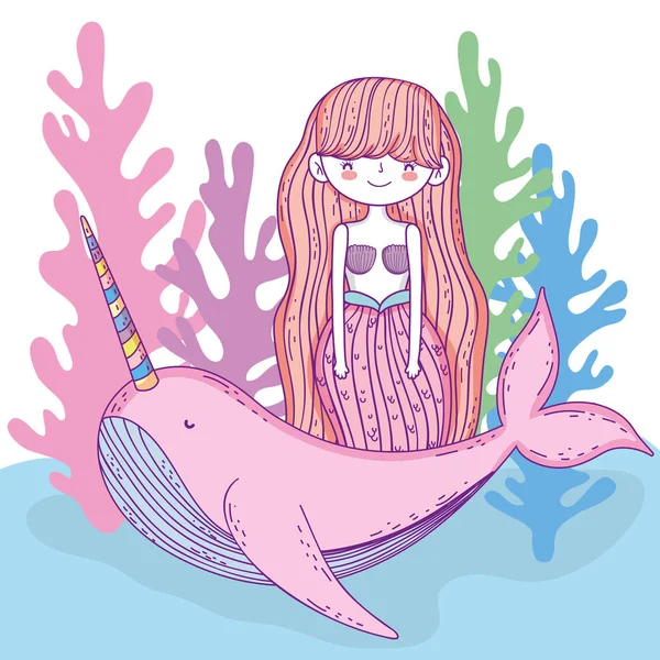 Zeemeermin Vrouw Met Walvis Eenhoorn Zeewier Vectorillustratie — Stockvector