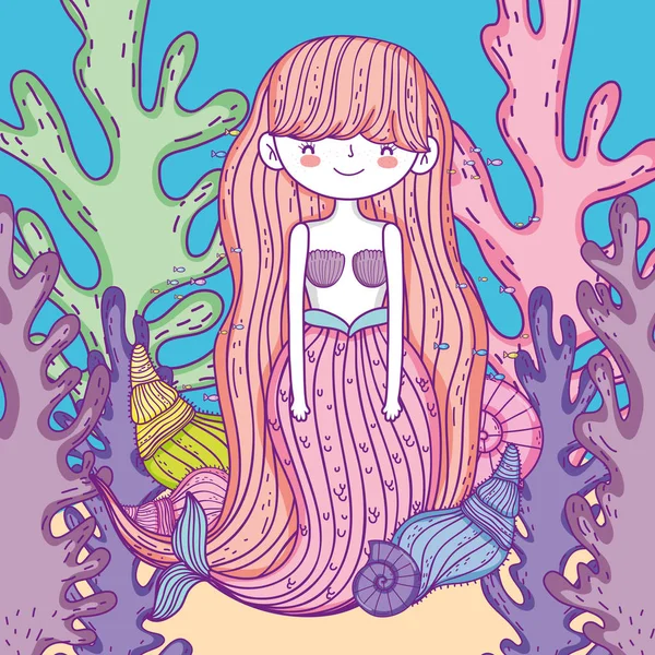 Mermaid Woman Seaweed Plnts Shells Jar Vector Illustration — Stock Vector