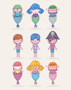 korsan ve erkek Mermaid kadınlar vektör çizim ayarla