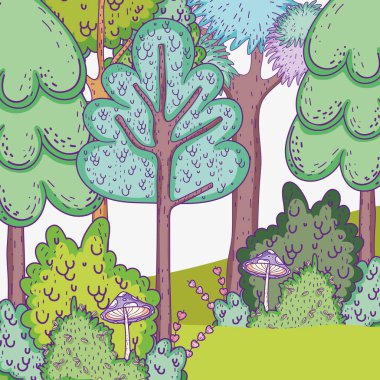 mantar çalılar bitki ve doğal ağaçlar vektör çizim ile