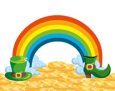 st patricks günü rainbow çizme ve altın sikke karikatür vektör çizim grafik tasarım üzerine şapka ile