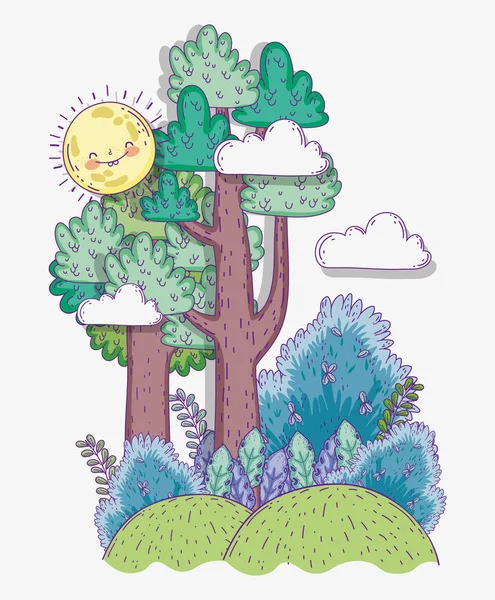 Натуральные Деревья Листьями Растений Векторной Иллюстрацией Солнца — стоковый вектор