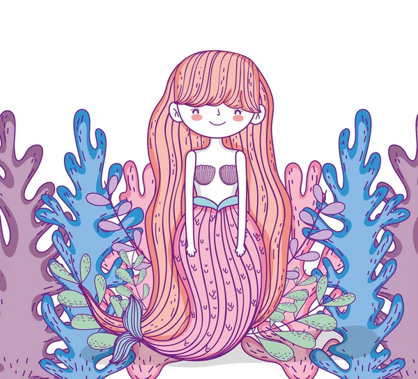 Meerjungfrau Mit Frisur Und Algenpflanzen Vektorillustration — Stockvektor