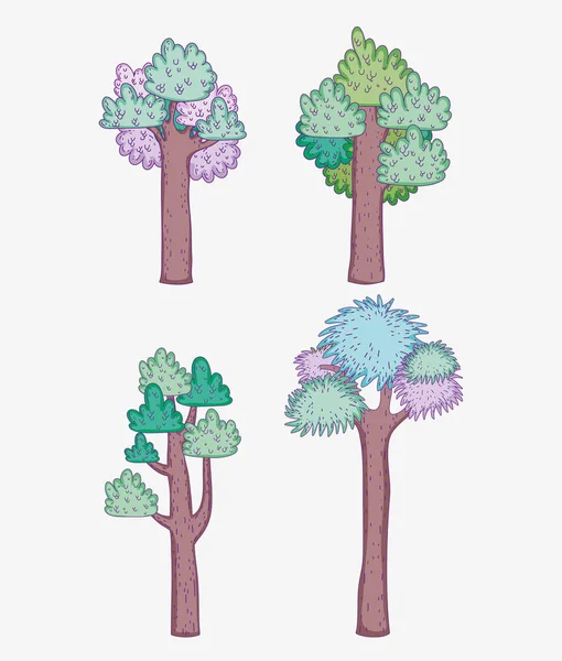 森の冒険のベクトル図に葉と自然木を設定します — ストックベクタ