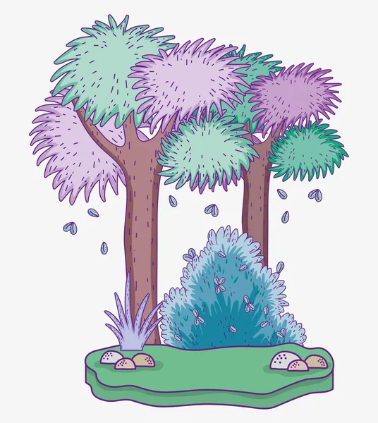 Bos Avontuur Met Bomen Struiken Planten Vectorillustratie — Stockvector