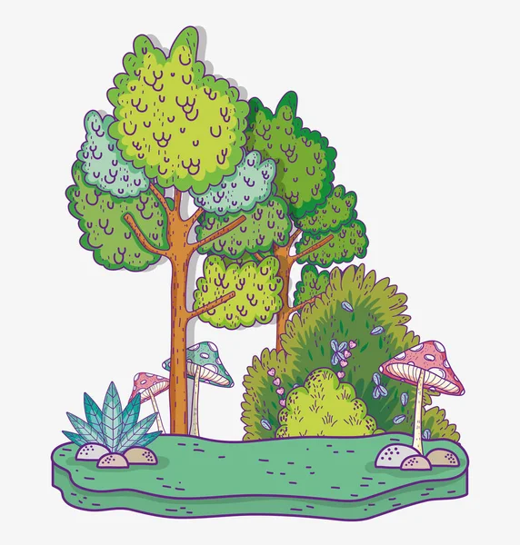 Naturaleza Arbustos Plantas Con Árboles Hongos Vector Ilustración — Vector de stock