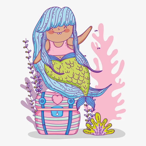 Sirena Mujer Cofre Con Plantas Algas Vector Ilustración — Vector de stock