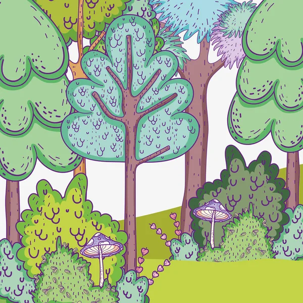 茂みの植物と天然木のベクトル図を持つ菌類 — ストックベクタ
