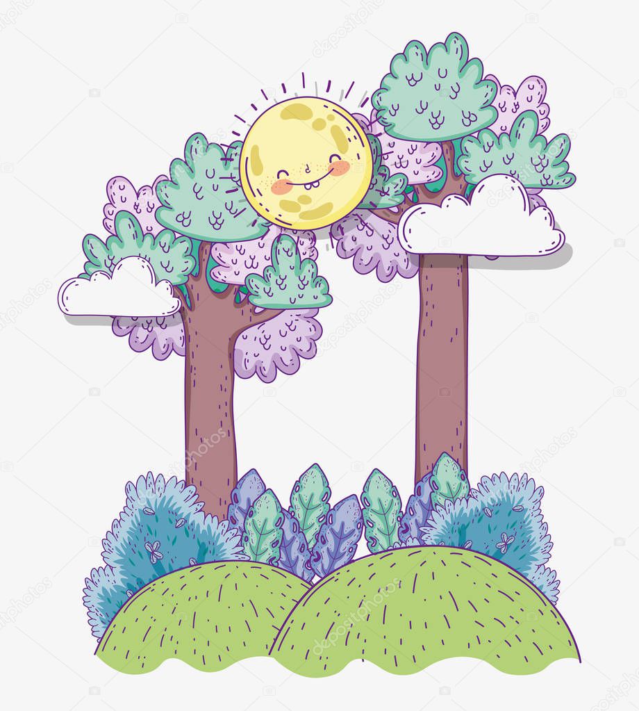 nature plants leaves with trees and sun vector illustration