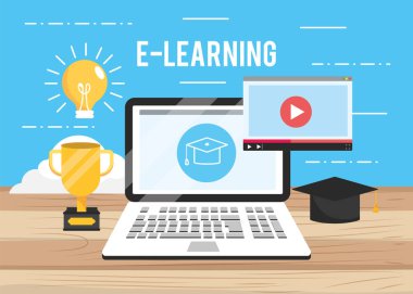 dizüstü bilgisayar teknolojisi ile Web sitesi ve mezuniyet kap vektör çizim