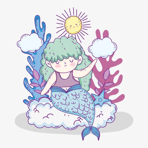 Mermaid Woman Clouds Seaweed Plants Vector Illustration — Stock Vector