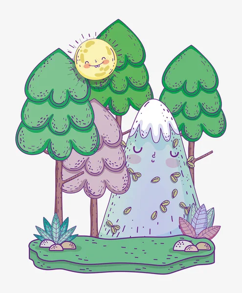 Árvores Naturais Com Montanha Nevada Ilustração Vetor Sol —  Vetores de Stock