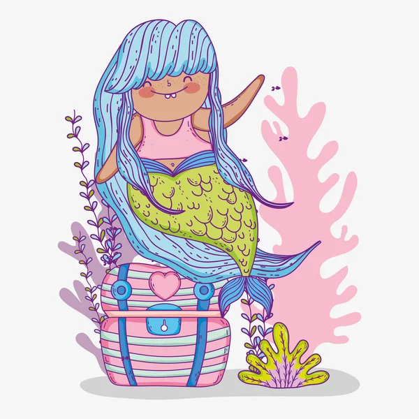 Femme Sirène Dans Coffret Avec Des Plantes Algues Illustration Vectorielle — Image vectorielle