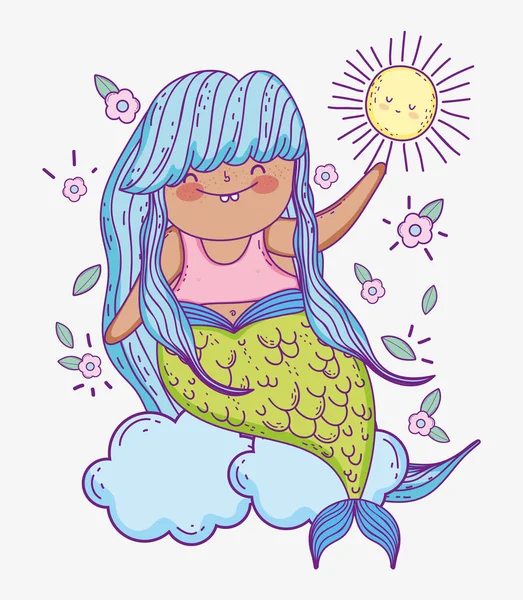 Meerjungfrau Den Wolken Mit Blumen Und Sonnenvektorillustration — Stockvektor