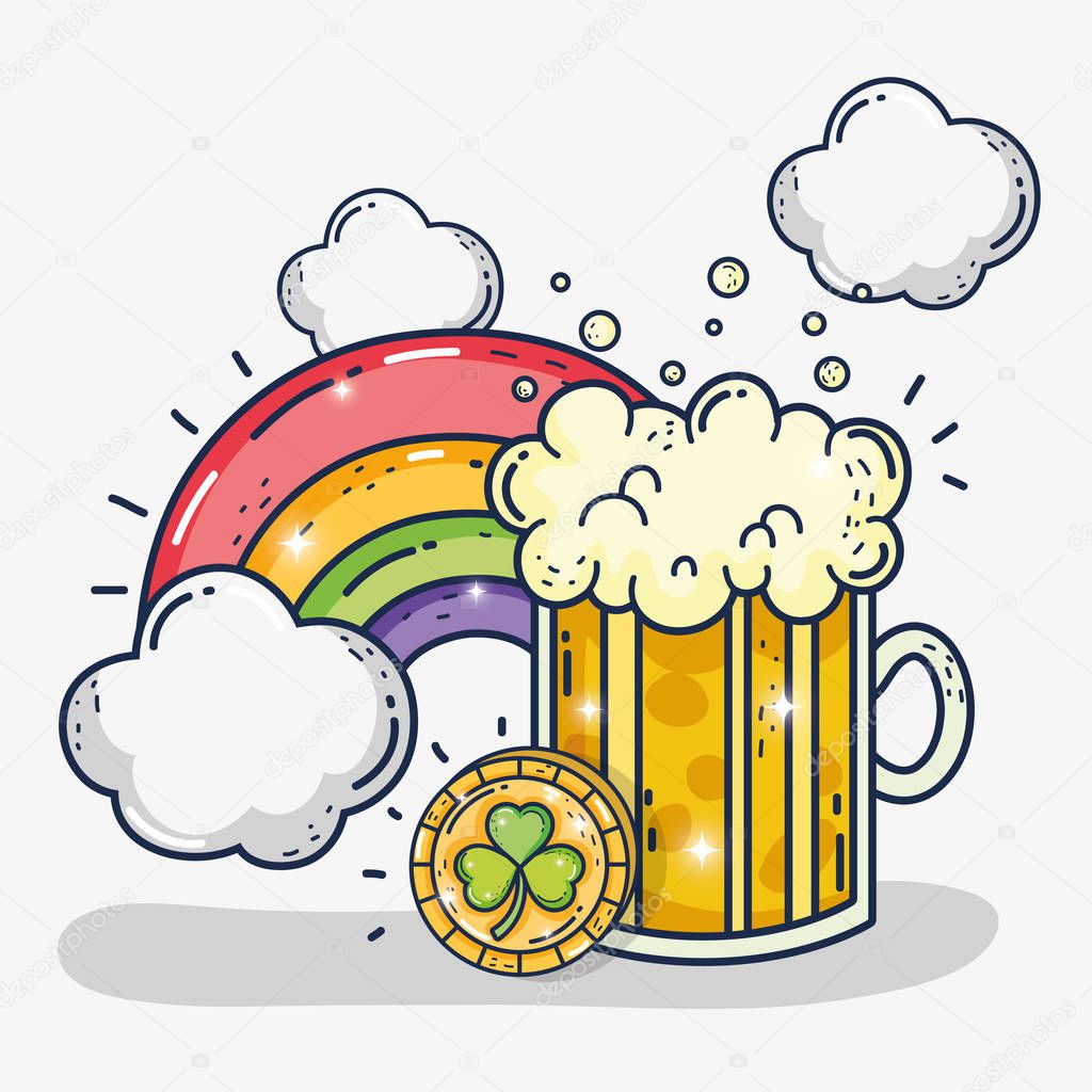 beer glass with clover coin and rainbow vector illustration