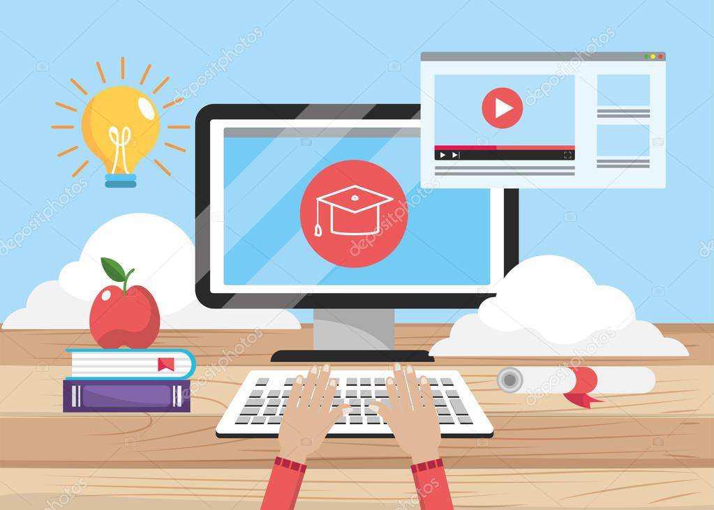 computer technology and education website with books vector illustration