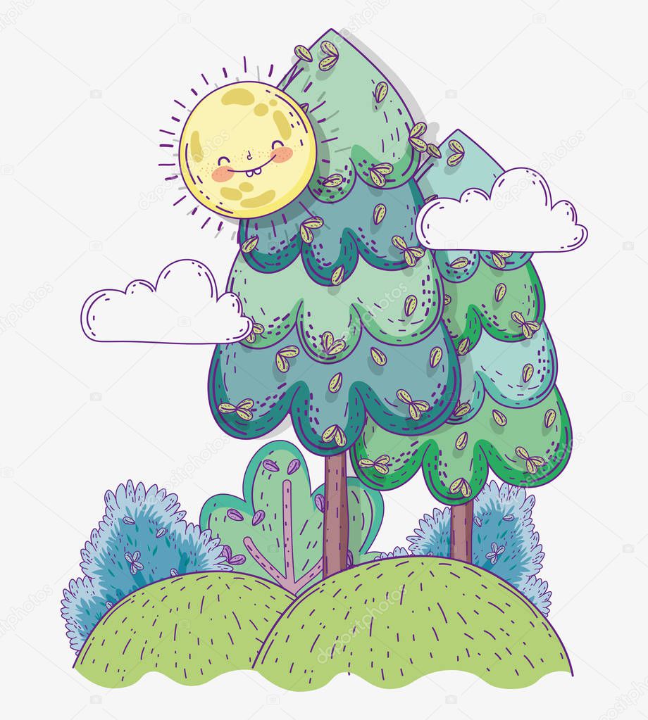 sun with clouds and natural trees in the mountains vector illustration