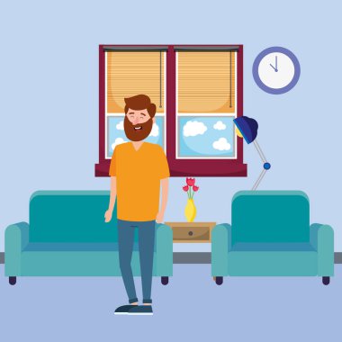 Genç adam oda karikatür vektör çizim grafik tasarım içinde