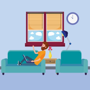 dizüstü bilgisayar aygıt karikatür vektör çizim grafik tasarım kullanan online eğitim adam