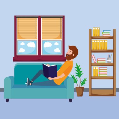 Genç adam sakin ol okuma kitabı kanepe karikatür vektör çizim grafik tasarım