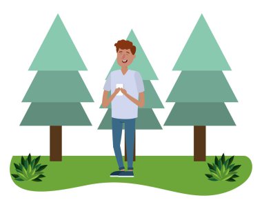 Doğa park çizgi film vektör çizim grafik tasarım smartphone aygıt kullanan genç adam