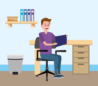 Resepsiyon karikatür vektör çizim grafik tasarım tablet aygıtı kullanan online eğitim adam