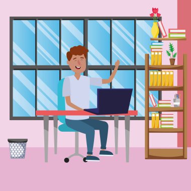 dizüstü bilgisayar aygıt karikatür vektör çizim grafik tasarım kullanan online eğitim adam