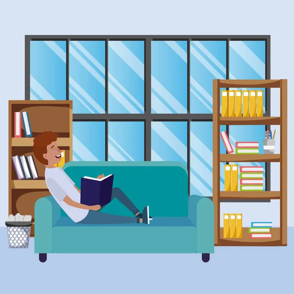 Young Man Relax Reading Book Couch Cartoon Vector Illustration Graphic — Stock Vector