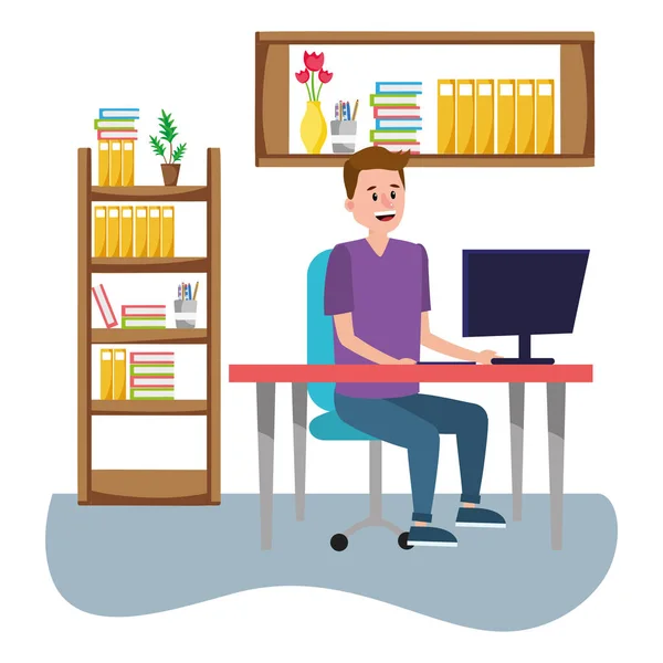 online education man with desk computer cartoon vector illustration graphic design