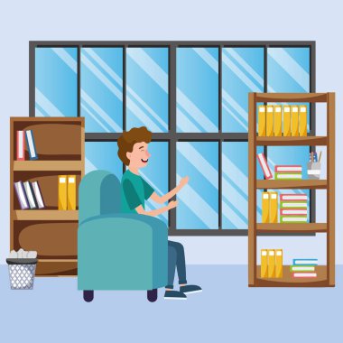 Genç adam oda karikatür vektör çizim grafik tasarım içinde