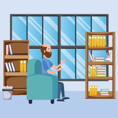 Genç adam odada kanepe karikatür vektör çizim grafik tasarım üzerine