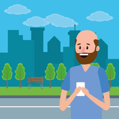 şehir park çizgi film vektör çizim grafik tasarım smartphone aygıt kullanan genç upperbody adam