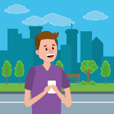 şehir park çizgi film vektör çizim grafik tasarım smartphone aygıt kullanan genç upperbody adam