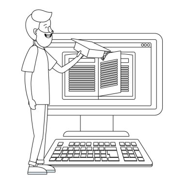 online eğitim adam ile bilgisayar karikatür vektör çizim grafik tasarım eğitimi