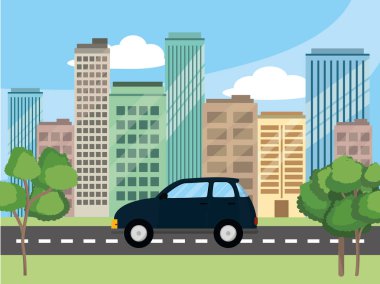 ulaşım konsept otomobil, kentsel sahne önünde şehir yatay çizgi film vektör illüstrasyon grafik tasarım