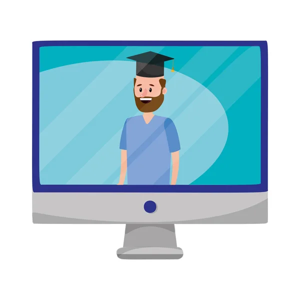 Online Eğitim Adam Bilgisayar Içinde Ekran Giyen Mezuniyet Şapka Karikatür — Stok Vektör