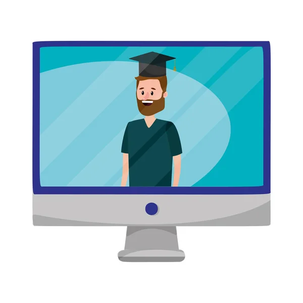 Online Education Man Computer Screen Wearing Graduation Hat Cartoon Vector — Stock Vector